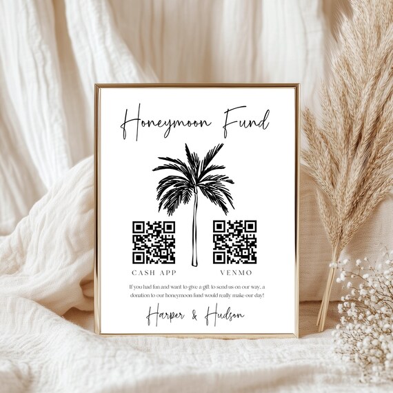 Tropical Wedding Honeymoon Fund Sign: Palm Tree QR Code (Digital Download)
