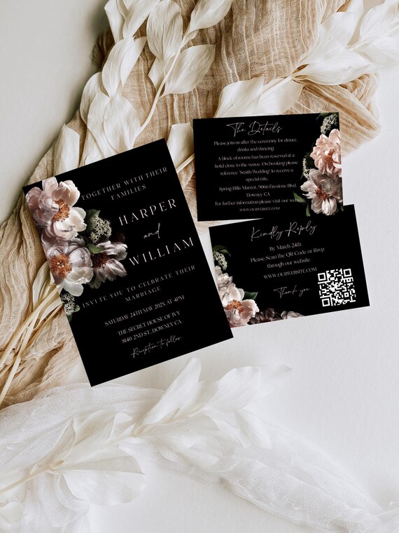 Black Peony Wedding Invitation Set: Elegant Blush Floral Template (Editable,Printable) #bpw