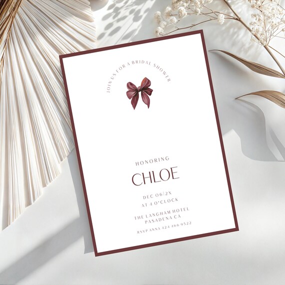 Burgundy Bow Bridal Shower Invitation Template: Minimalist Modern Design (Printable Edit #mbb