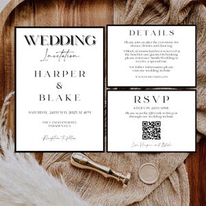 Modern Wedding Invitation Template Suite, Minimal Wedding Invitation Set, Black and White Wedding Invite, Printable, Editable, Digital