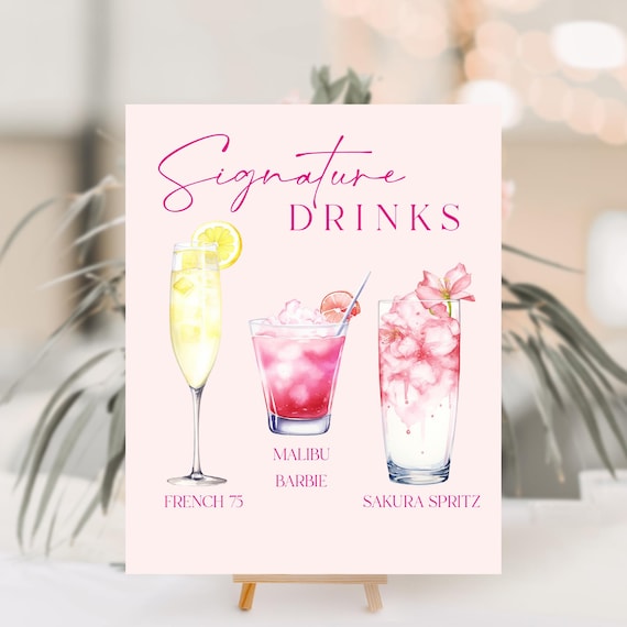 Pink Signature Drinks Sign: Wedding Cocktail Bar (Printable, Editable)
