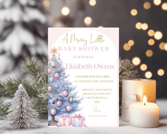 Christmas Baby Shower Invitation: Pink & Gold Xmas Tree (Printable, Editable)