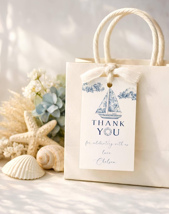 Coastal Blue Toile Sailboat Favor Tags, Ocean Party Thank You (Editable Printable) #btb