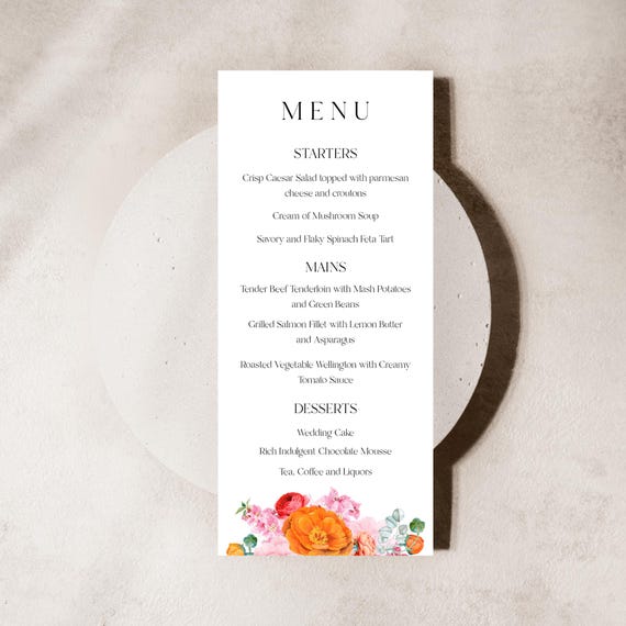 Floral Wedding Menu Template: Vibrant Summer Blooms (Editable,Printable) #ora