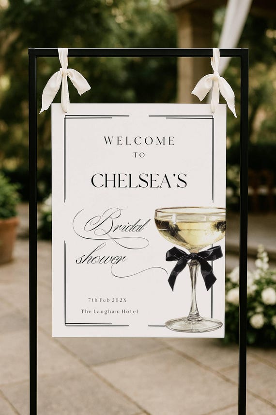 Elegant Champagne Bridal Shower Welcome Sign, Black Bow, stylish (Editable Printable) Instant Download #mgs