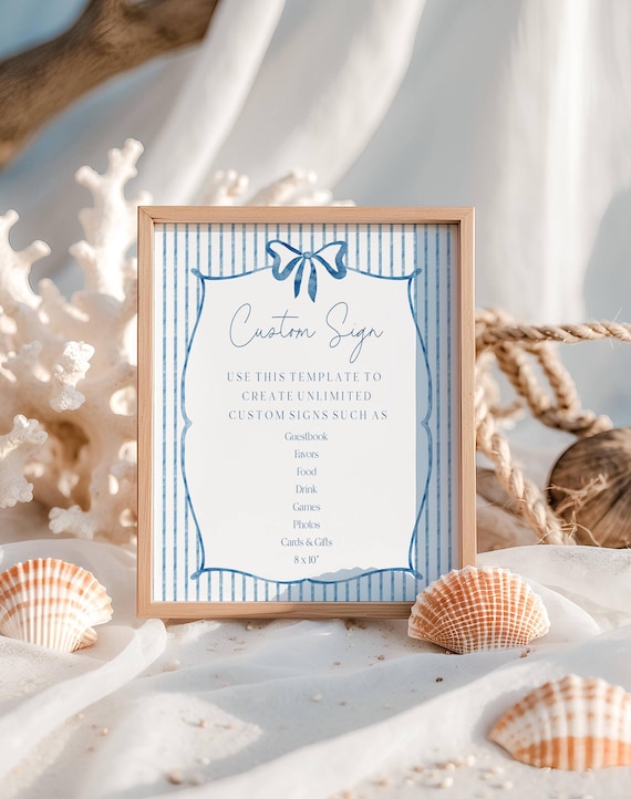 Blue Striped Customizable Sign, Coastal Wedding/Shower Table Sign (Editable Printable) Instant Download #vtb
