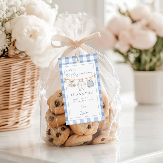 Blue Gingham Baby shower Favor Tag Template, Clothesline, Thank You Tag (Editable Printable)  #gcb