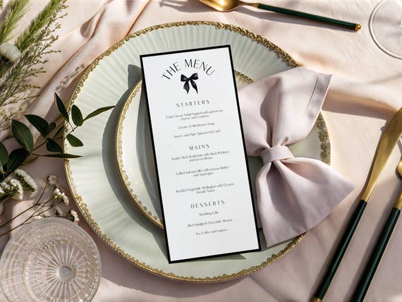 Modern Black Bow Wedding Menu Card: Minimalist Elegant (Digital Download) Editable, Printable #mmb