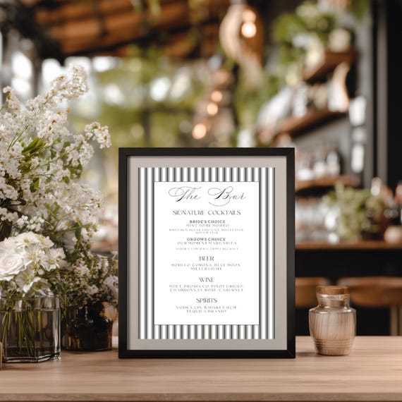 Elegant Pinstripe Wedding Bar Sign, Grey, Modern, Signature Cocktails (Editable Printable) Digital  #mtm