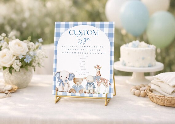 Baby Shower Sign Template, Blue Gingham Animals, Custom Table Sign (Editable Printable) #vtb