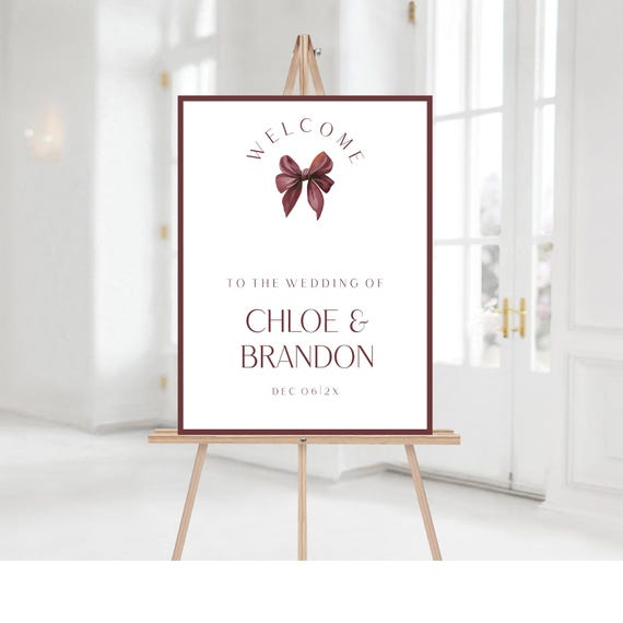 Burgundy Bow Wedding Welcome Sign Template: Minimalist Modern Design (Printable, Editable #mbb
