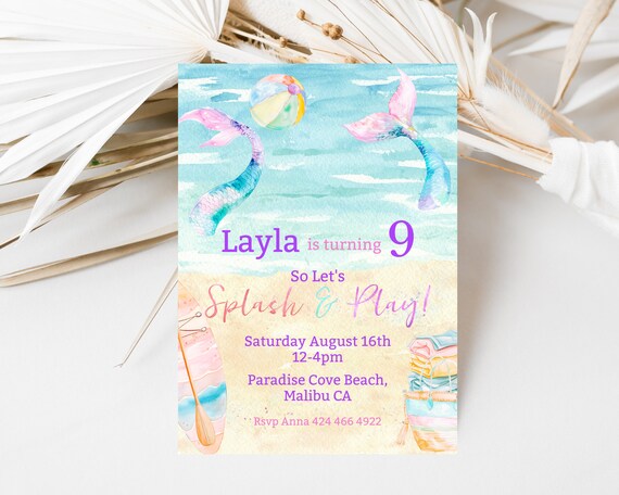 Mermaid Beach Party Invitation: Watercolor Girl's Birthday (Printable, Editable) Evite