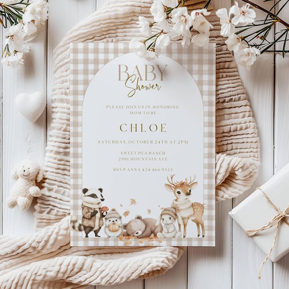 Fall Woodland Animals Baby Shower Invitation, Gender Neutral, beige Gingham, Autumn (Editable Printable) #fwa