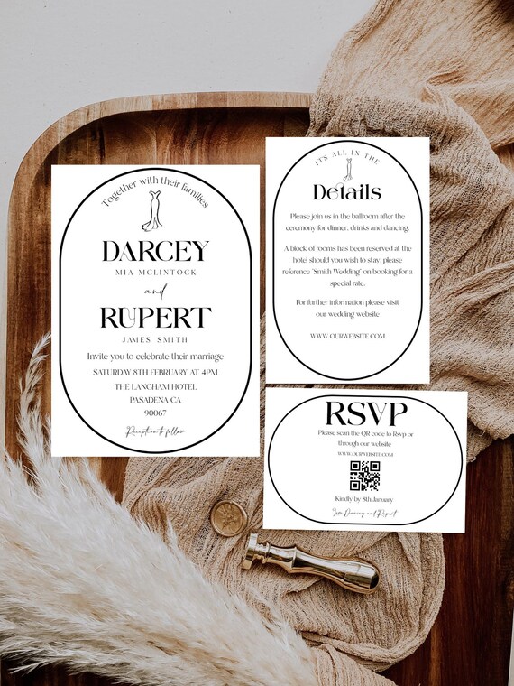 Retro Black and White Wedding Invitation Template Set: Editable & Printable