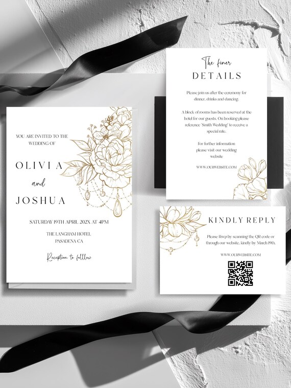 Gold Floral Wedding Invitation Template Set: Elegant, Modern Suite (Digital Download) Editable Printable  #gld