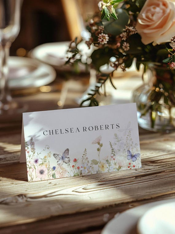 Wildflower Place Card Template: Butterfly, Spring Flowers, Name Card (Editable Printable) Digital #wsb