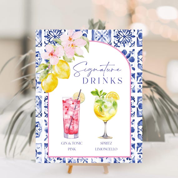 Mediterranean Signature Drinks Sign: Blue Tile Wedding Cocktail (Printable)