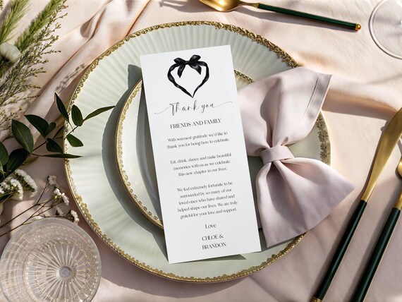 Black Bow Wedding Thank You Place Card Template: Heart, Editable Printable (Digital Download)