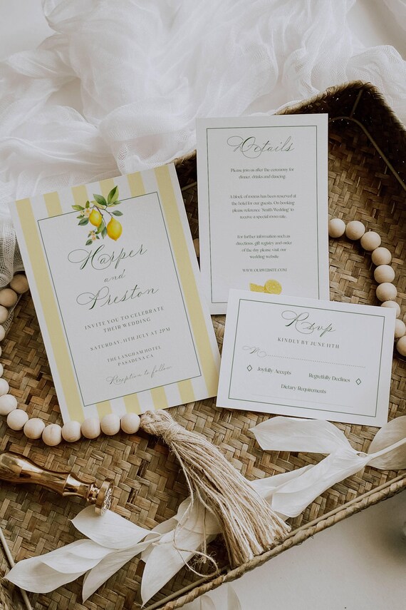 Lemon Wedding Invitation Suite, Coastal, Striped, Mediterranean ( Editable Printable ) Digital #lgs