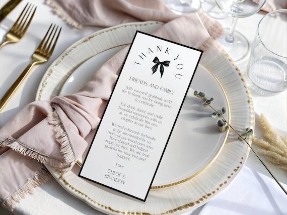 Black Bow Wedding Thank You Place Card: Modern Minimalist  (Digital Download) Editable, Printable #mmb