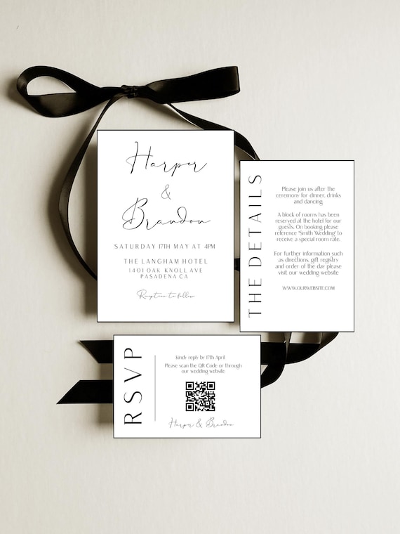 Modern Wedding Invitation Suite: Minimalist Elegant Design (Printable Template, QR Code Option)