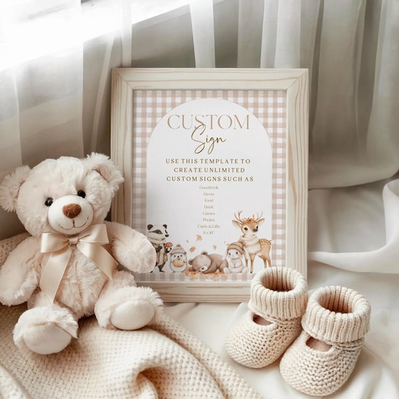 Fall Woodland Animals Baby Custom Sign, Beige Gingham, Table sign (Editable Printable) Digital #fwa