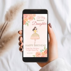 E-kaart voor gelukkige verjaardag dochter, bewerkbaar, elektronische verjaardagskaart, direct download, elegant, bloemen, stijlvol meisje, blush/goud, sms