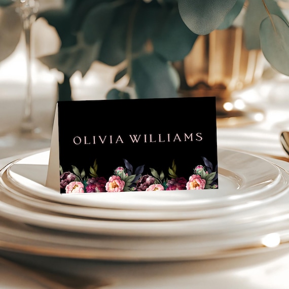 Black and Blush Peony Place Card Template: Elegant Fall Floral (Digital Download) #bpp