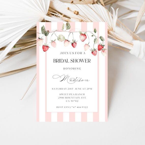 Wild Strawberries Bridal Shower Invitation: Stripes, (Digital Download) Editable, Printable #rgb