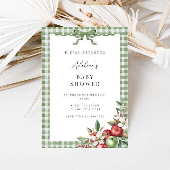 Fall Apple Baby Shower Invitation : Green Gingham, Bow (Editable Printable) Digital Download #app