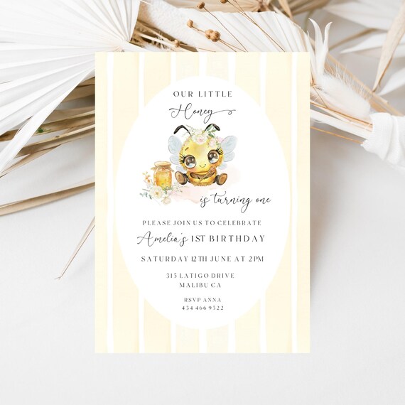 Little Honey Bee Birthday Invitation Template (Editable, Printable) Sweet Lemon