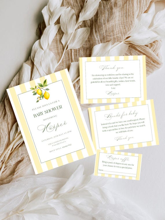 Lemon Baby Shower Invitation Set, Coastal, Striped, Mediterranean ( Editable Printable ) Digital #lgs