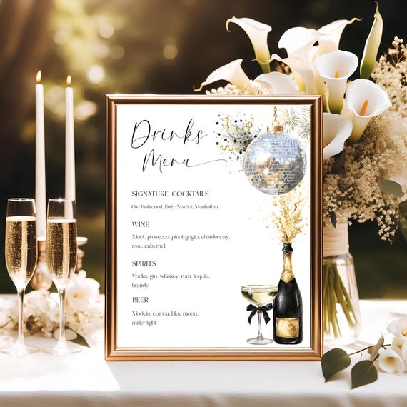 Champagne Celebration Drinks Menu: Bar Menu, Signature Cocktails ( Editable Printable) Digital