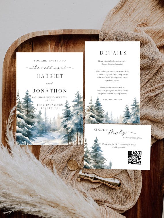 Snowy Forest Wedding Invitation Suite: Winter Holiday Template (Printable Xmas Invite, Digital Download) #wfw