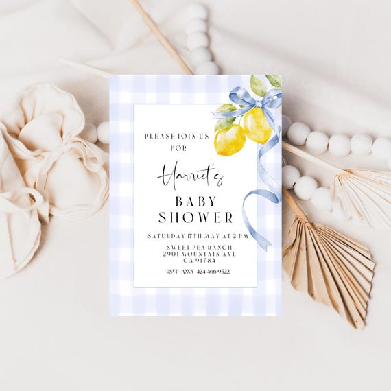 Lemons Baby Shower Invitation Template: Blue Gingham, Sorrento Theme (Digital Download) #lem