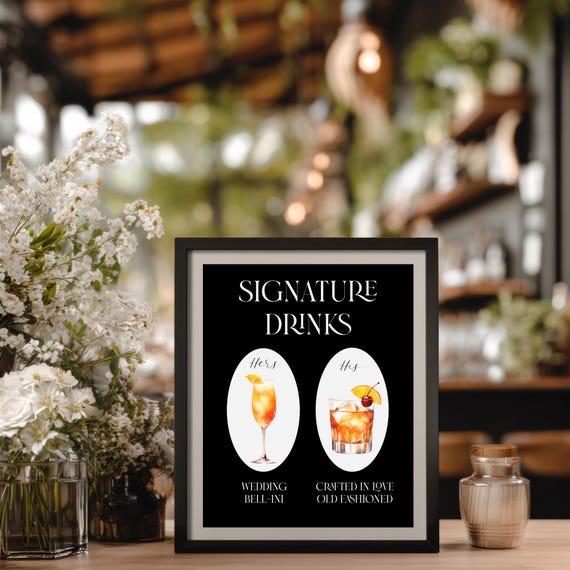 Signature Drinks Sign Template: Black Wedding Editable Cocktails (Printable)