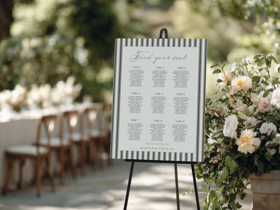 Elegant Pinstripe Wedding Seating Plan Sign, Grey, Modern, (Editable Printable) Digital  #mtm