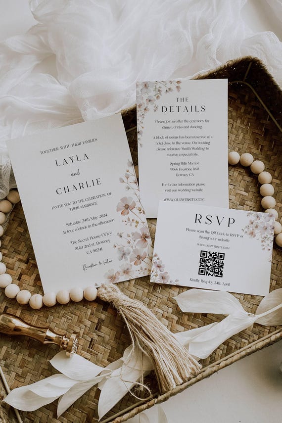 Wildflower Wedding Invitation Template Set: Neutral Floral Design (Printable Editable) #neu