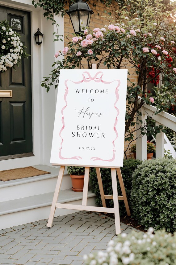 Pink Bow Bridal Shower Welcome Sign, Elegant (Printable Editable) Instant Download