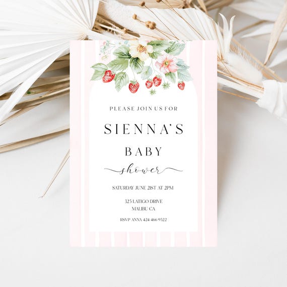 Strawberry Baby Shower Invitation Template: Wildflower Pink Summer (Editable,Printable) #str