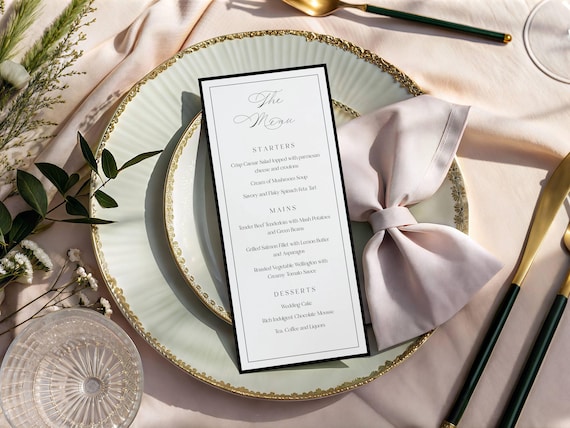 Elegant Script Wedding Menu Template: Modern Black Border (Digital) Printable #DARCEY