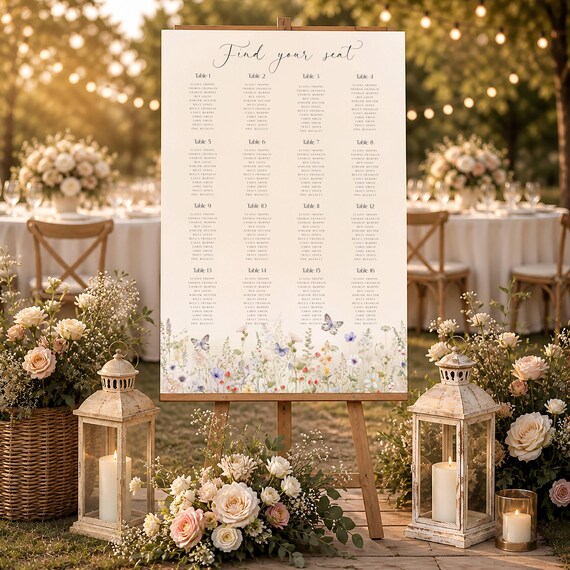 Wildflower Wedding Seating Plan Sign, Floral Seating chart, Beige  (Editable Printable) digital #dwf