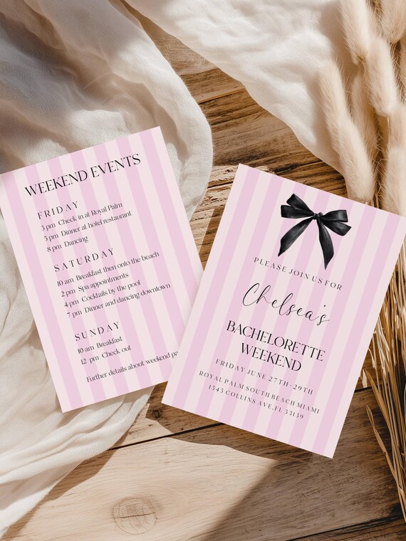 Pink Black Bow Bachelorette Weekend Invitation, Itinerary, Elegant (Editable Printable) Instant Download #vss