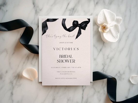 Blush Bridal Shower Invitation, Black Bow, Tying The Knot (Editable Printable) Instant Download #bps