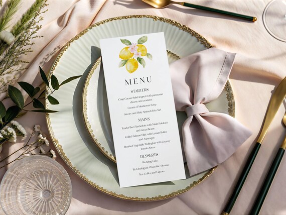 Lemons Wedding Menu Template: Printable Mediterranean Table Menu (Digital Download) Editable #lem