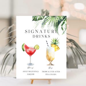 Enseigne tropicale pour boissons signature, enseigne pour cocktail signature moderne, enseigne pour boissons exclusives imprimable, enseigne pour cocktails de mariage, enseigne pour boissons modifiable