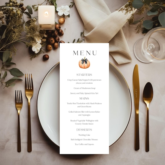 Modern Fall Pumpkin Menu : Wedding, Autumnal, Minimalist ( Editable Printable ) Instant Download