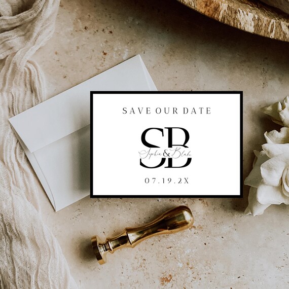 Modern Initial Save The Date Template: Minimalist Black & White (Digital) Editable #SOPHIA