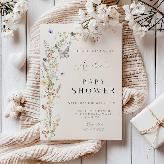 Wildflower Baby Shower Invitation: Spring Floral, Butterfly (Digital Template) Printable #dwf