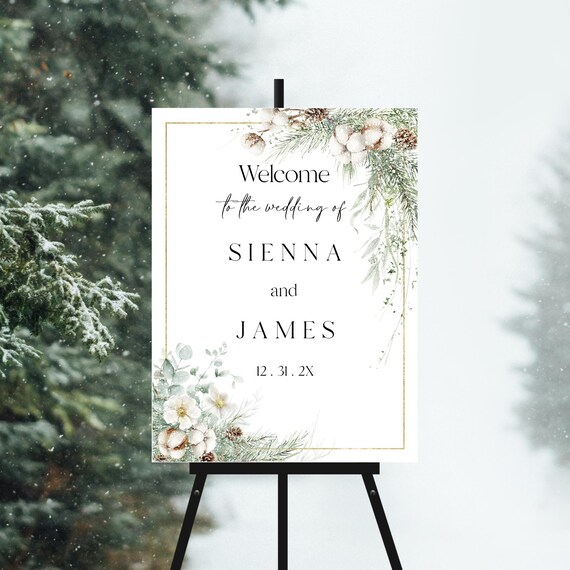 Winter Foliage Wedding Welcome Sign Template: Elegant Greenery (Digital Download) Editable #win